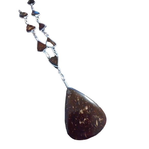 Black Minerals Market Handmade SilverTone Link Chain Wood Aesthetic Stones 12" - Picture 2 of 5